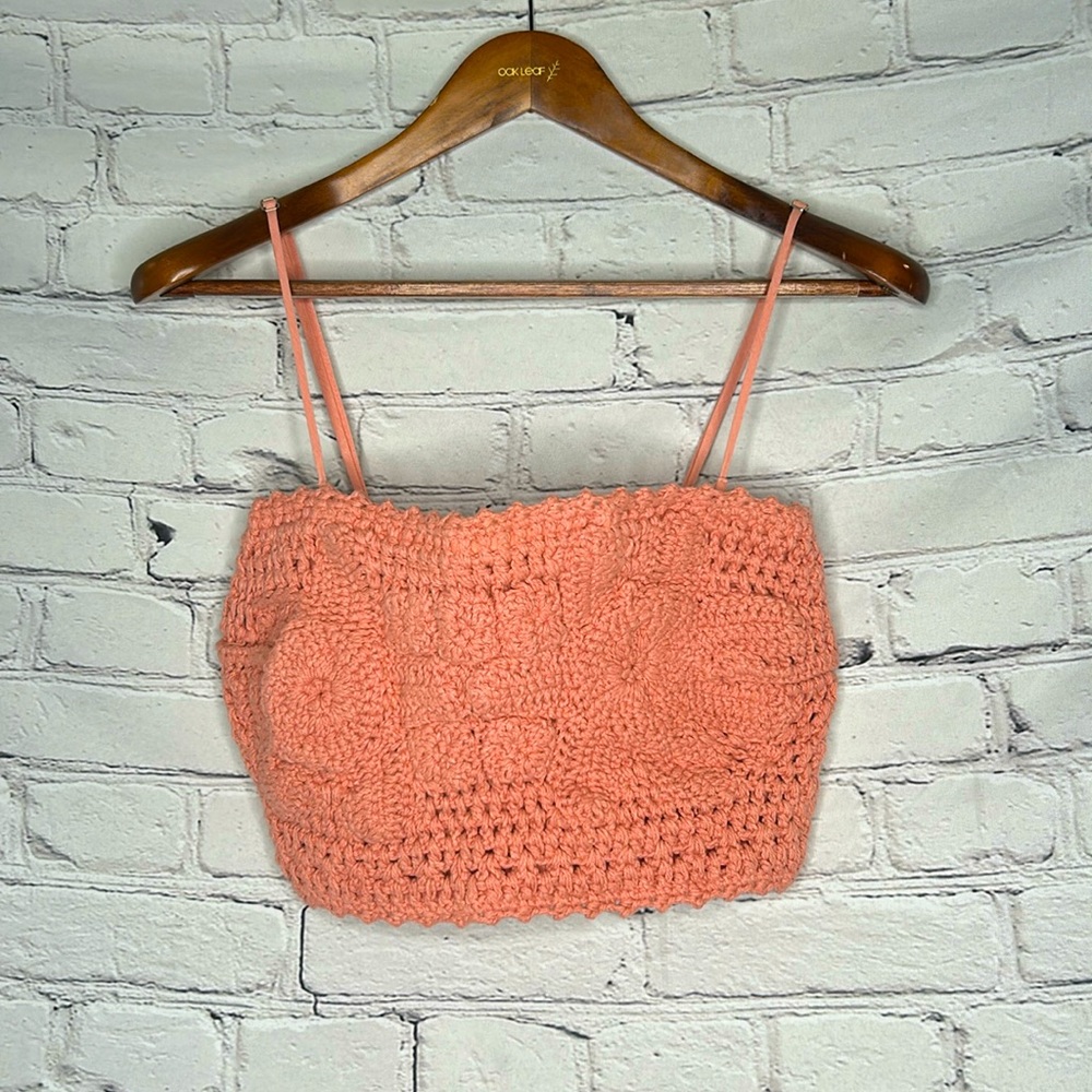 Free People Peach Orange Crochet Cropped Tube Top Size Large Excellent Condition